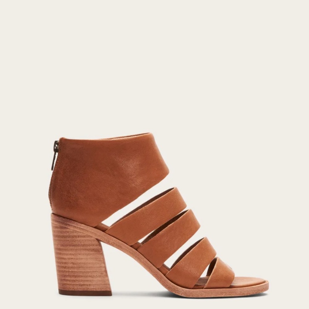 $338 Frye Tash Cognac Real Leather Cut Out Strappy Wood PeepToe Ankle Booties - Picture 2 of 13